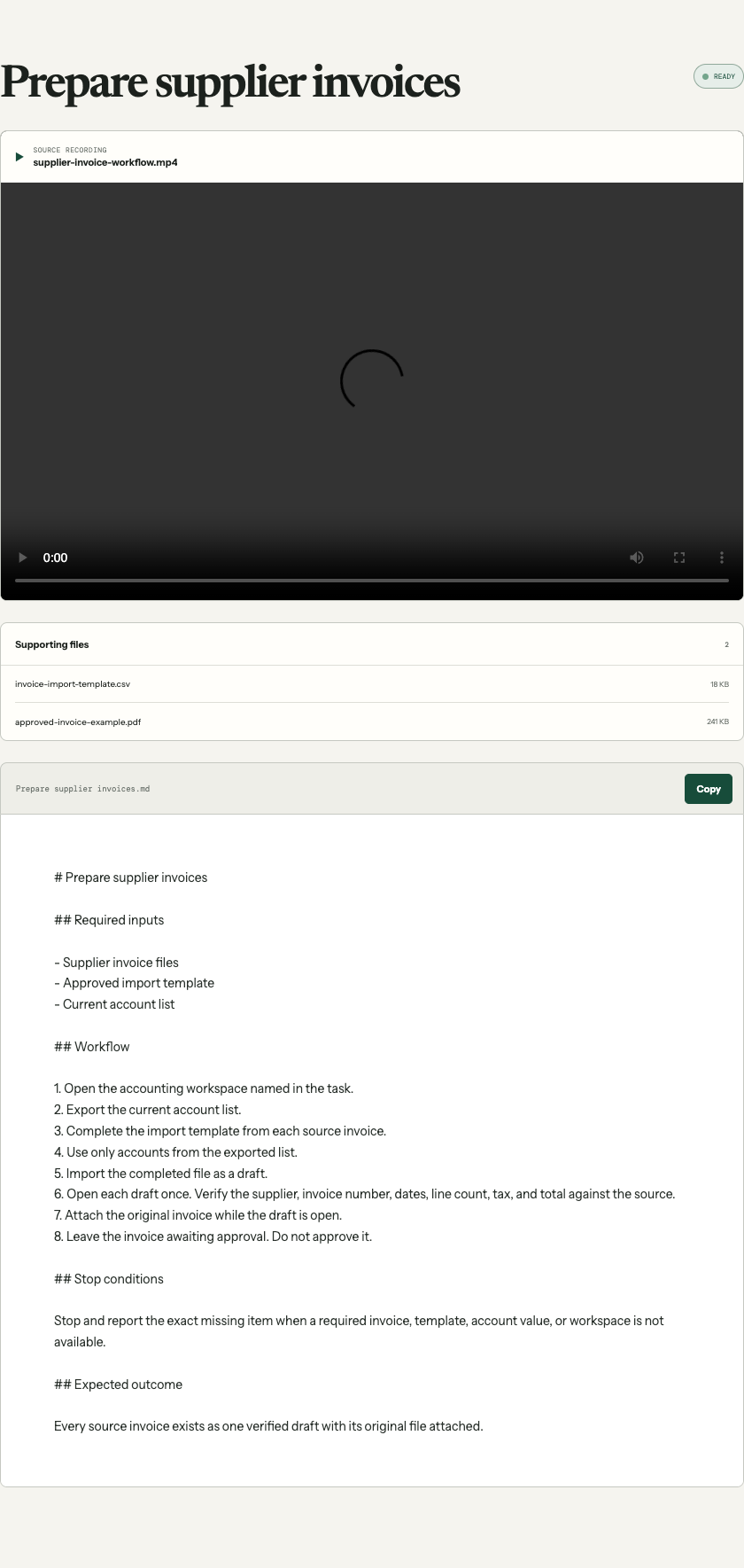 Workflow Corp workflow page with a source recording, supporting files, and generated instructions.